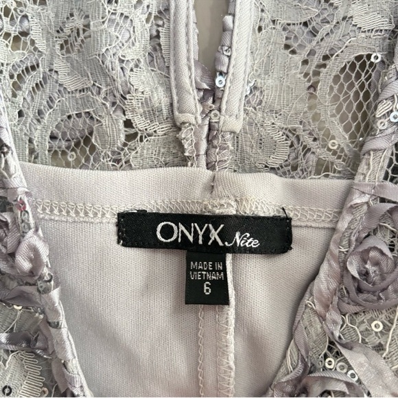Onyx Sleeveless Sheath Silver Grey Dress w Textured Rosettes & Lace - Picture 10 of 10